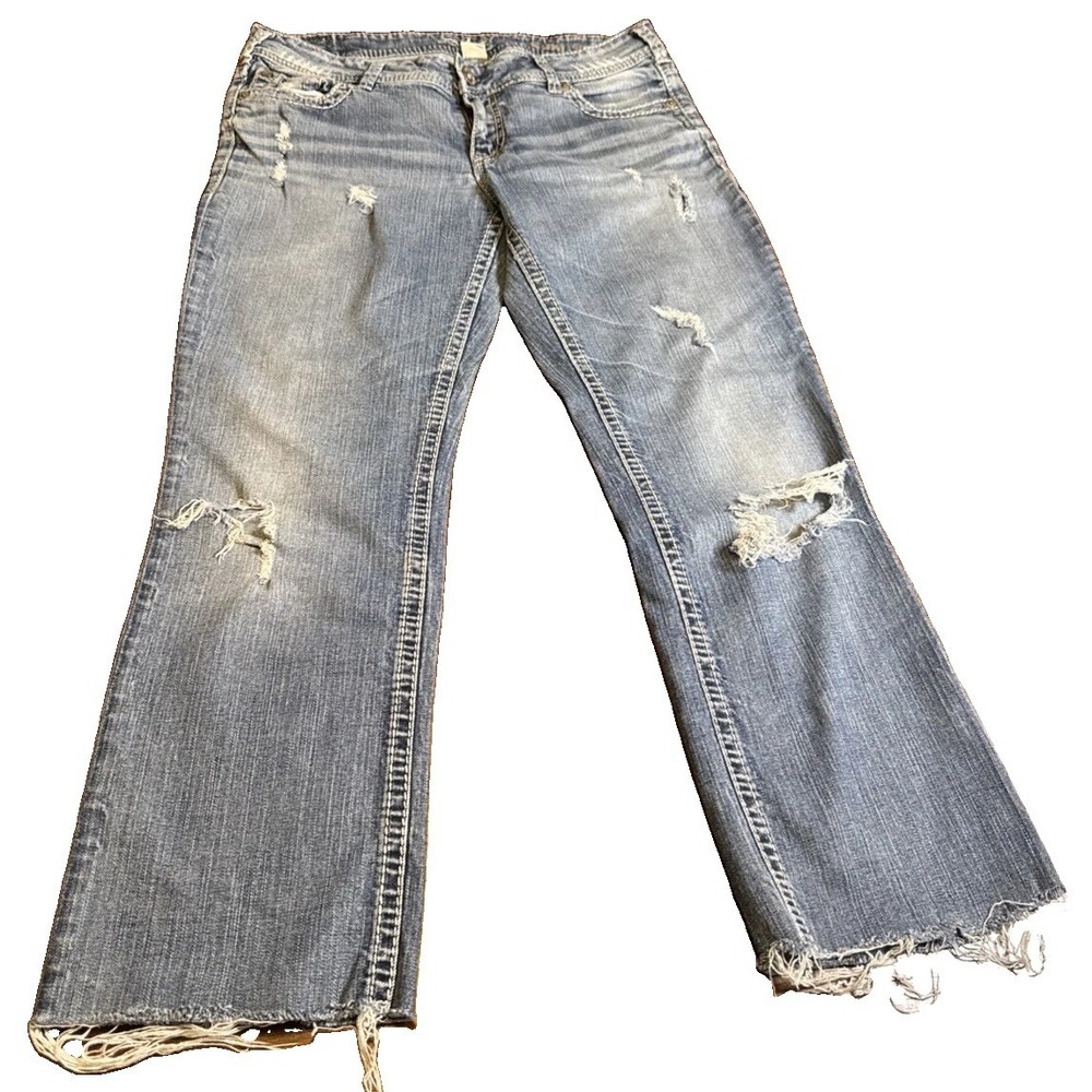 Silver Jeans Co Suki Straight Womens 32x27 Distressed Light Wash Raw Hem Jeans